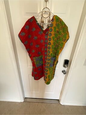 Long Boho Kantha V-Neck Tunic Top in Red & Yellow
